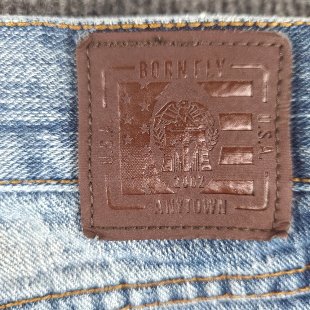 Born Fly Men Distressed Denim Jeans Blue Light Wash Button Fly Size 32 Y2K Style - Picture 10 of 11
